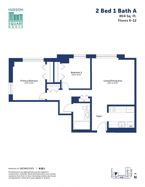 Floor plan for 2 beds, 1 bath, 804 sqft